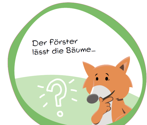 Tree felling quiz sign with fox mascot., © hochkant Tree felling quiz sign with fox mascot.