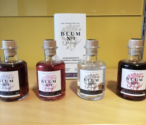 Regal mit vier Flaschen blum Gin und Fyern.
, © Touristik GmbH Gerolsteiner Land Verkaufsregal, auf dem vier Flaschen unterschiedlicher Sorten Gin der Marke "Blum N°1" stehen. Dahinter einige Flyer zu der Marke.