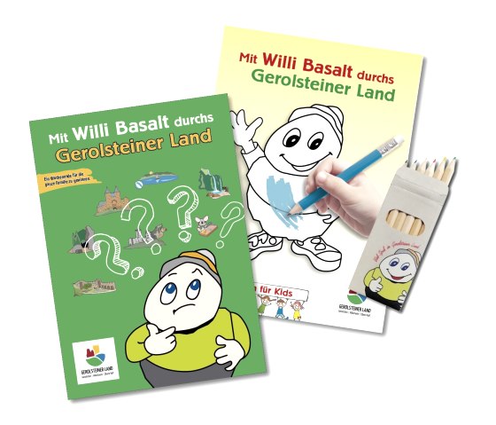 Titelseite des Rätselheftes und des Malbuchs mit Titel "Mit Willi Basalt durchs Gerolsteiner Land", © Touristik GmbH Gerolsteiner Land Titelseite des Rätselheftes und des Malbuchs mit Titel "Mit Willi Basalt durchs Gerolsteiner Land" inkl. passenden Buntstiften.