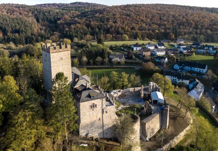 Aerial view of a castle with a tower, surrounded by trees and a village in the background. Autumnal colors characterize the landscape., © Eifel Tourismus GmbH, Dominik Ketz Aerial view of a castle with a tower, surrounded by trees and a village in the background. Autumnal colors characterize the landscape., © Eifel Tourismus GmbH, Dominik Ketz