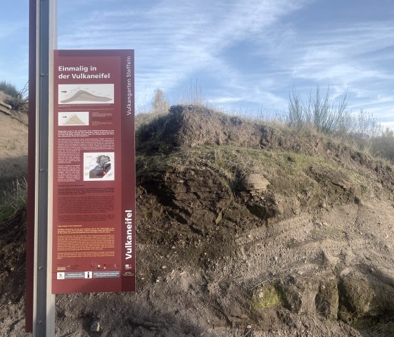 Informationstafel im Vulkangarten Steffeln zum Thema "Einmalig in der Vulkaneifel".
, © Touristik GmbH Gerolsteiner Land Informationstafel der Vulkaneifel zum Thema "Einmalig in der Vulkaneifel" mit mehrsprachigen Texten und anschaulichen Grafiken. Daneben vulkanische Erdschichten.
