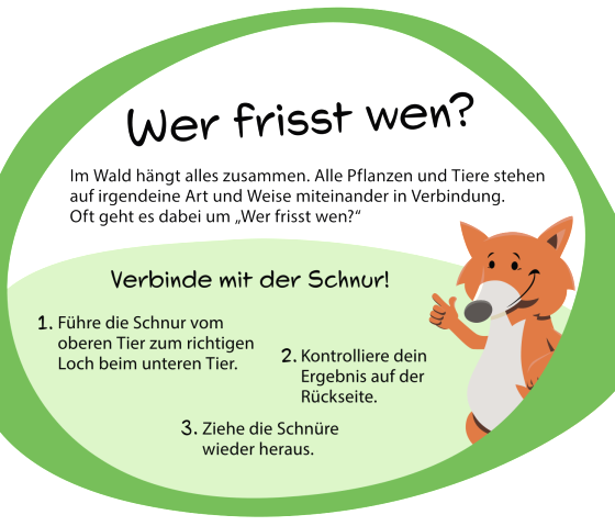 Informatiebord met de tekst "Wie eet wie?", met vos als mascotte., © hochkant Informatiebord met de tekst "Wie eet wie?", met vos als mascotte.