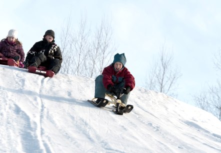 Three children sledding down a hill.
, © Canva Three children wearing snowsuits, hats and gloves sit on sleds and slide down a steep hill.