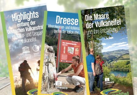 Three brochures from the Vulkaneifel Nature and Geopark., © Touristik GmbH Gerolsteiner Land Three brochures from the Vulkaneifel Nature and Geopark about the highlights along the German Volcano Road, Dreese and the maars of the Vulkaneifel.