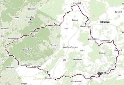Kaart van een wandelroute in de Eifel, Duitsland, door plaatsen als Hillesheim en Gerolstein, met gemarkeerd pad., © Touristik GmbH Gerolsteiner Land Kaart van een wandelroute in de Eifel, Duitsland, door plaatsen als Hillesheim en Gerolstein, met gemarkeerd pad., © Touristik GmbH Gerolsteiner Land