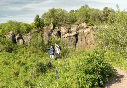 Zwei Wanderer stehen vor der felsigen Vulkanwand, umgeben von grüner Vegetation und blühenden Pflanzen., © Eifel Tourismus GmbH, Dominik Ketz Zwei Wanderer stehen vor der felsigen Vulkanwand, umgeben von grüner Vegetation und blühenden Pflanzen., © Eifel Tourismus GmbH, Dominik Ketz