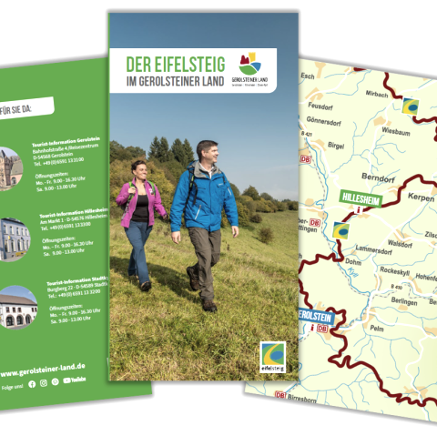 Titel- und Rückseite und Kartenauschnitt der Broschüre "Der Eifelsteig im Gerosteiner Land", © Touristik GmbH Gerolsteiner Land Titel- und Rückseite und Kartenauschnitt der Broschüre "Der Eifelsteig im Gerosteiner Land"
