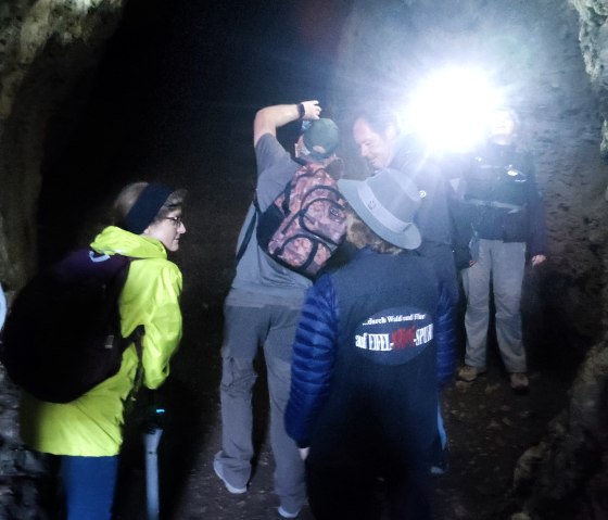 Wandergruppe in der dunklen Buchenlochhöhle in Gerolstein., © Dorita Molter-French  Mehrere Personen stehen im Inneren einer dunklen Höhle. Eine Person macht Licht mit einer Taschenlampe.