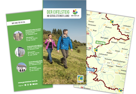 Cover, back cover and map excerpt from the brochure ‘The Eifelsteig in the Gerosteiner Land’, © Touristik GmbH Gerolsteiner Land Cover, back cover and map excerpt from the brochure ‘The Eifelsteig in the Gerosteiner Land’