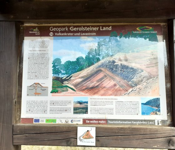 Informatiebord in het Geopark Gerolsteiner Land over vulkanisme, met illustraties en teksten over kraters en lavastromen., © Touristik GmbH Gerolsteiner Land, Ute Klinkhammer Informatiebord in het Geopark Gerolsteiner Land over vulkanisme, met illustraties en teksten over kraters en lavastromen., © Touristik GmbH Gerolsteiner Land, Ute Klinkhammer