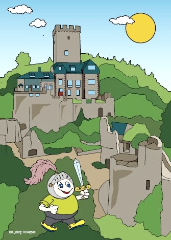 Colourfully illustrated page from the colouring book entitled ‘Mit Willi Basalt durchs Gerolsteiner Land’ (With Willi Basalt through the Gerolstein region)., © Touristik GmbH Gerolsteiner Land Colourfully illustrated page from the colouring book entitled ‘Mit Willi Basalt durchs Gerolsteiner Land’ (With Willi Basalt through the Gerolstein region) featuring a picture of Willi Basalt as a knight in front of Kerpen Castle.
