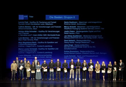 Feier zur Bestenehrung durch die IHK Trier., © IHK Trier Einige Personen stehen nebeneinander auf einer Bühne und halten Auszeichnungen in den Händen. Hinter Ihnen werden auf eine Leinwand die Namen der Absolventen gezeigt.