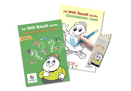 Titelseite des Rätselheftes und des Malbuchs mit Titel "Mit Willi Basalt durchs Gerolsteiner Land", © Touristik GmbH Gerolsteiner Land Titelseite des Rätselheftes und des Malbuchs mit Titel "Mit Willi Basalt durchs Gerolsteiner Land" inkl. passenden Buntstiften.