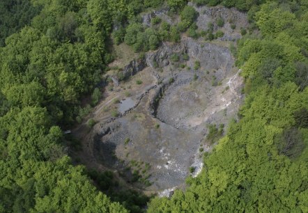 Luchtfoto van de beboste krater van de vulkaan Arensberg met rotsachtige oppervlakken en omringend dicht bos.
, © Thomas Regnery Luchtfoto van een beboste krater met kale rotsen en paden.