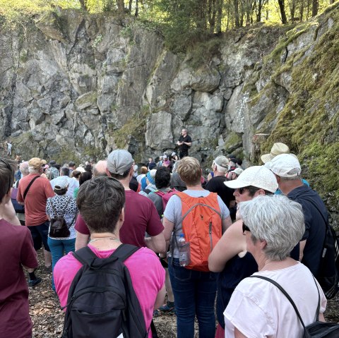 Jens Koppka berichtet über die geologischen Gegebenheiten vor Ort, © Touristik GmbH Gerolsteiner Land Zahlreiche Wanderer vor einer massiven Steinwand. Der Tourguide erzählt über die geologischen Gegebenheiten vor Ort.