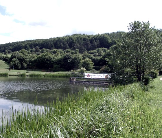 A reservoir in a green landscape, surrounded by trees and meadows. A forest can be seen in the background, the sky is cloudy., © Touristik GmbH Gerolsteiner Land A reservoir in a green landscape, surrounded by trees and meadows. A forest can be seen in the background, the sky is cloudy., © Touristik GmbH Gerolsteiner Land