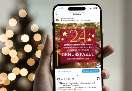 Social Media Adventskalender 2024, © Touristik GmbH Gerolsteiner Land Eine Hand hält ein Smartphone, worauf ein Instagram Beitrag für das 24. Türchen des Social Media Adventskalenders geöffnet ist.