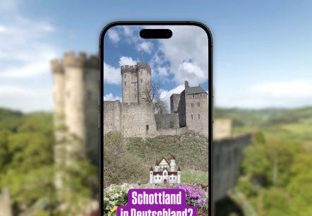Reel Felsenpfad, © Touristik GmbH Gerolsteiner Land Vor dem verschwommenen Hintergrund ist ein Handy, welches auf Instagram das Reel zum Wanderweg Felsenpfad zeigt.