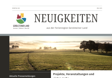 News from the Gerolsteiner Land holiday region, © Touristik GmbH Gerolsteiner Land Front page of a newspaper with the large headline ‘News’. Below it is a picture of the landscape and next to it the logo of the holiday region.