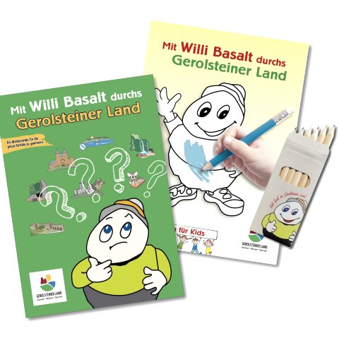 Cover page of the puzzle book and colouring book entitled ‘Mit Willi Basalt durchs Gerolsteiner Land’ (With Willi Basalt through the Gerolstein region)., © Touristik GmbH Gerolsteiner Land Cover page of the puzzle book and colouring book entitled ‘Mit Willi Basalt durchs Gerolsteiner Land’ (With Willi Basalt through the Gerolstein region), including matching coloured pencils.