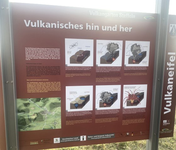 Informationstafel im Vulkangarten Steffeln zum Thema "Vulkanisches hin und her".
, © Touristik GmbH Gerolsteiner Land Informationstafel der Vulkaneifel zum Thema "Vulkanisches hin und her" mit mehrsprachigen texten und anschaulichen Grafiken.
