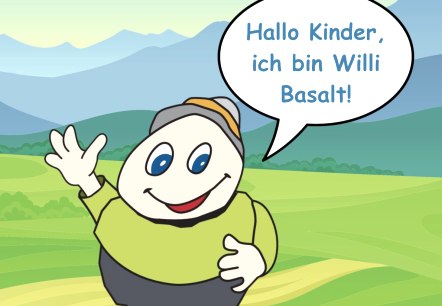Familienfreundliches Maskottchen Willi Basalt stellt sich vor., © Touristik GmbH Gerolsteiner Land Cartoonfigur Willi Basalt mit grünem Shirt, grauer Hose und gelben Schuhen winkt und sagt "Hallo Kinder, ich bin Willi Basalt!"