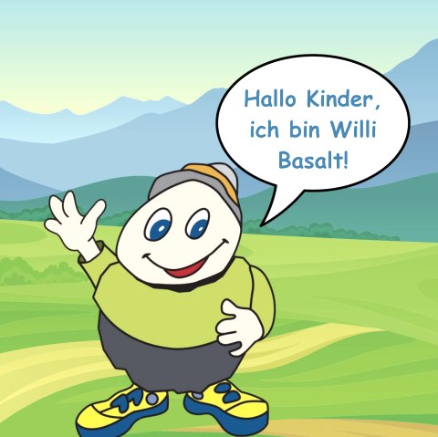 Familienfreundliches Maskottchen Willi Basalt stellt sich vor., © Touristik GmbH Gerolsteiner Land Cartoonfigur Willi Basalt mit grünem Shirt, grauer Hose und gelben Schuhen winkt und sagt "Hallo Kinder, ich bin Willi Basalt!"