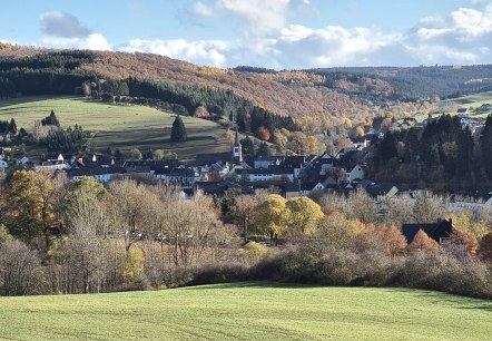 Panorama van Stadtkyll met groene heuvels, herfstbomen en een kerk op de voorgrond. De lucht is blauw met een paar wolken., © Touristik GmbH Gerolsteiner Land Panorama van Stadtkyll met groene heuvels, herfstbomen en een kerk op de voorgrond. De lucht is blauw met een paar wolken., © Touristik GmbH Gerolsteiner Land