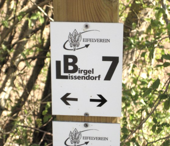 Wegweiser des Eifelvereins für den Wanderweg LB Birgel Lissendorf 7, montiert an einem Holzpfosten im Wald., © Touristik GmbH Gerolsteiner Land Wegweiser des Eifelvereins für den Wanderweg LB Birgel Lissendorf 7, montiert an einem Holzpfosten im Wald., © Touristik GmbH Gerolsteiner Land