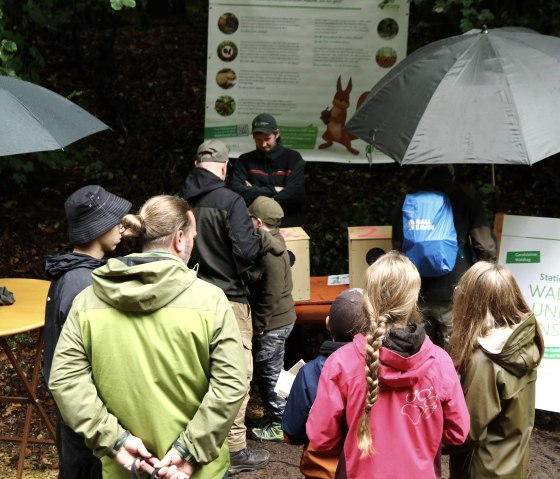 Mitmach-Station "Wald und Mensch" vom Forstamt Gerolstein
, © Thomas Langens Mehrere Personen stehen vor einer Mitmach-Station mit Fühlkästen.
