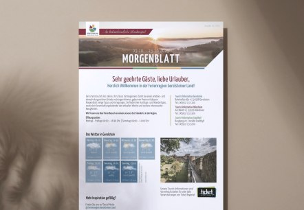 Voorpagina van het Morgenblatt van de vakantieregio Gerolsteiner Land., © Touristik GmbH Gerolsteiner Land Voorpagina van het Morgenblatt van de vakantieregio Gerolsteiner Land met welkomstbrief en weersvoorspelling.