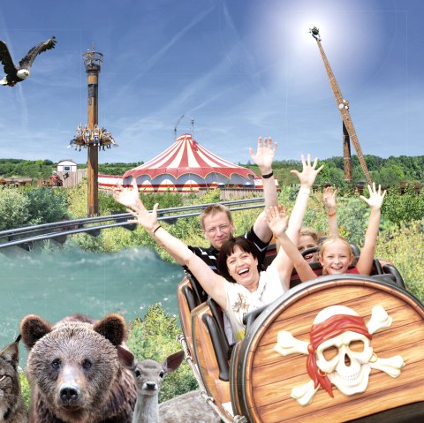 Fahrgeschäfte und Attraktionen im Eifelpark Gondorf
, © Eifelpark Gondorf Mehrere Personen in Fahrgeschäften und Attraktionen im Eifelpark Gondorf