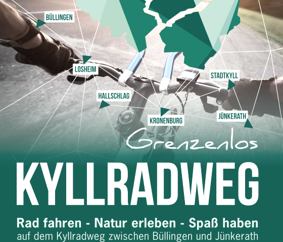 Plakat Grenzenlos Kyllradweg, © Arthochzwei Grafikdesign, Anja Schneider Das veranstaltungsplakat zum Radaktionstag mit Datum, urzeit, streckenverlauf und Sponsorenlogos.
