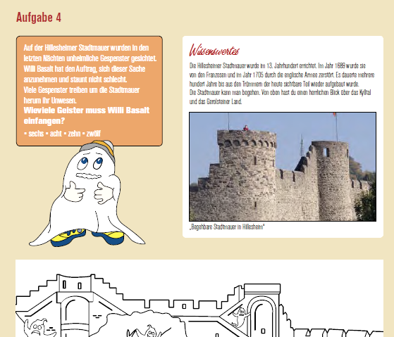 Rätselseite des Rätselheftes mit Suchbild von der Stadtmauer, © Touristik GmbH Gerolsteiner Land Rätselseite des Rätselheftes mit Suchbild von der Stadtmauer Hillesheimvoller Gespenster