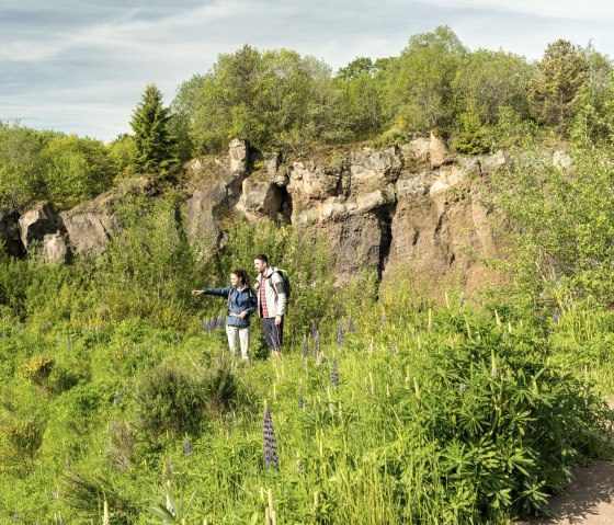 Zwei Wanderer stehen vor der felsigen Vulkanwand, umgeben von grüner Vegetation und blühenden Pflanzen., © Eifel Tourismus GmbH, Dominik Ketz Zwei Wanderer stehen vor der felsigen Vulkanwand, umgeben von grüner Vegetation und blühenden Pflanzen., © Eifel Tourismus GmbH, Dominik Ketz