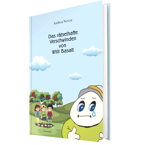 Cover page of the children's book ‘The Mysterious Disappearance of Willi Basat’., © konzept92 Cover page of the children's book ‘The Mysterious Disappearance of Willi Basat’ with colourful illustrations of a landscape with children and the mascot Willi Basat.