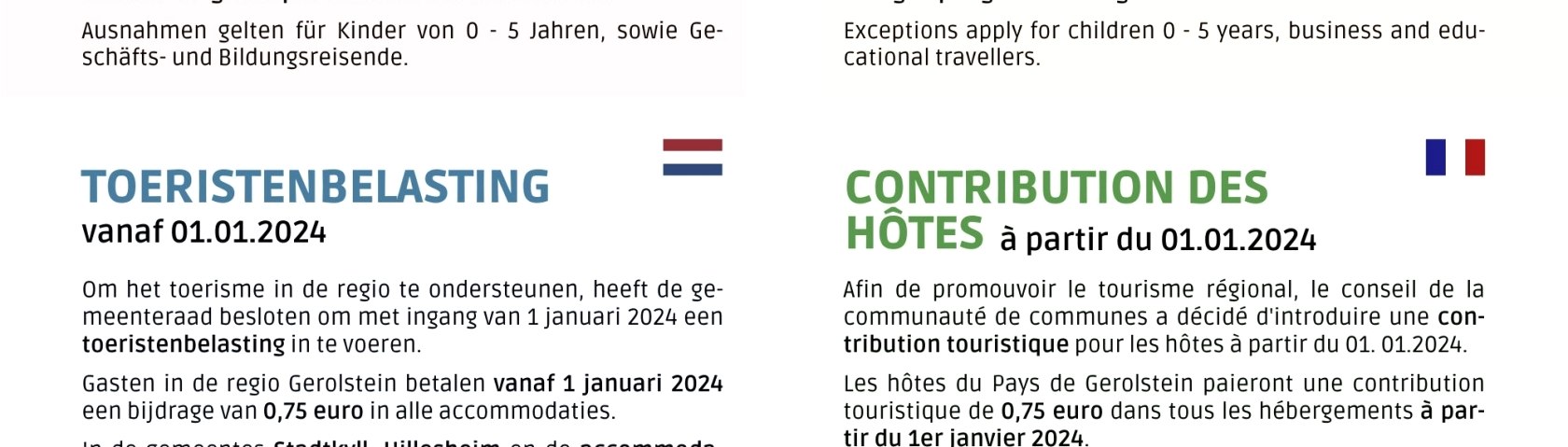 Four-language information flyer on the visitor's tax from 1 January 2024
, © Touristik GmbH Gerolsteiner Land Information flyer on the visitor's tax from 1 January 2024 in German, English, Dutch and French.
