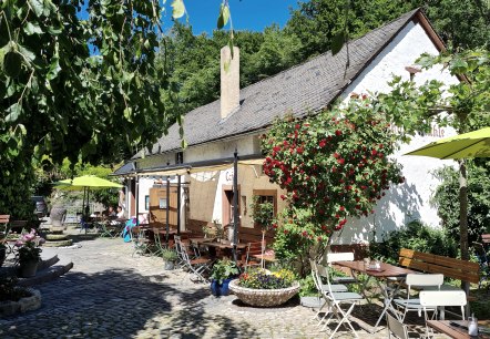 Buitenruimte van Café Nohner Mühle
, © Wolfgang Kändler Buitenruimte met talrijke zitplaatsen onder parasols naast een oud gebouw tussen bomen.