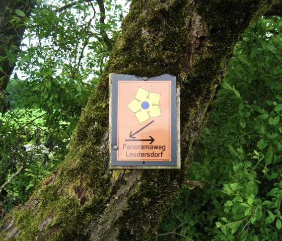 Sign 'Panoramaweg Leudersdorf' on a mossy tree, surrounded by green leaves., © Touristik GmbH Gerolsteiner Land, Ute Klinkhammer Sign 'Panoramaweg Leudersdorf' on a mossy tree, surrounded by green leaves., © Touristik GmbH Gerolsteiner Land, Ute Klinkhammer