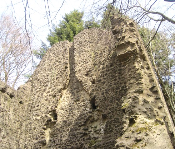 Close-up of the Freudenkoppe castle ruins with weathered stone walls and trees in the background., © Touristik GmbH Gerolsteiner Land, Ute Klinkhammer Close-up of the Freudenkoppe castle ruins with weathered stone walls and trees in the background., © Touristik GmbH Gerolsteiner Land, Ute Klinkhammer