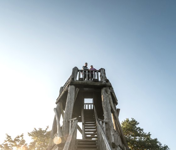 Houten uitkijktoren bij de Dietzenley met twee mensen op de top, omringd door bomen en blauwe lucht., © Eifel Tourismus GmbH, Dominik Ketz Houten uitkijktoren bij de Dietzenley met twee mensen op de top, omringd door bomen en blauwe lucht., © Eifel Tourismus GmbH, Dominik Ketz