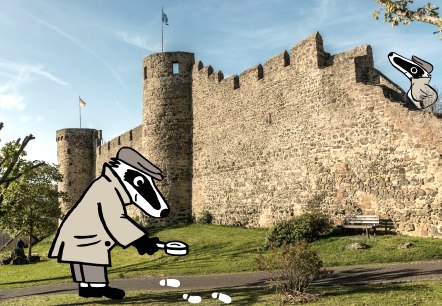 Rechercheur Badger onderzoekt voetafdrukken voor de stadsmuur van Hillesheim., © Eifel Tourismus GmbH, Dominik Ketz De hoge stadsmuur van Hillesheim staat voor een groen gebied onder een blauwe hemel. Rechercheur Badger onderzoekt met een vergrootglas witte voetafdrukken op een smal pad voor de muur.