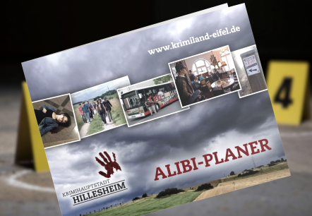 Cover page of the Alibi Planner for the crime city of Hillesheim
, © Touristik GmbH Gerolsteiner Land The cover image of the ‘Alibi Planner’ flyer shows a gloomy landscape and scenes from the crime tours.