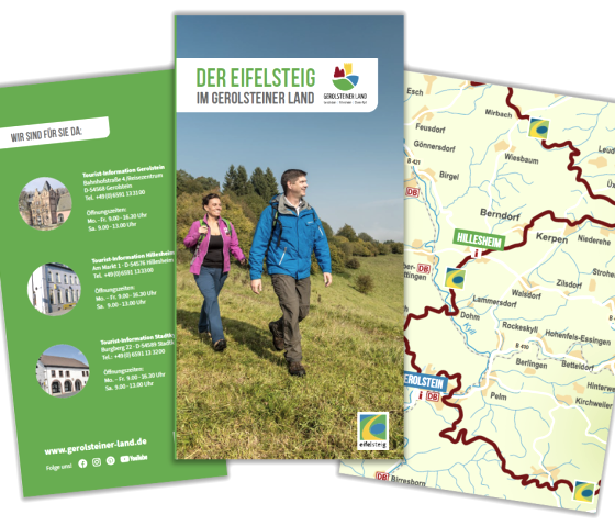 Titel- und Rückseite und Kartenauschnitt der Broschüre &quot;Der Eifelsteig im Gerosteiner Land&quot;