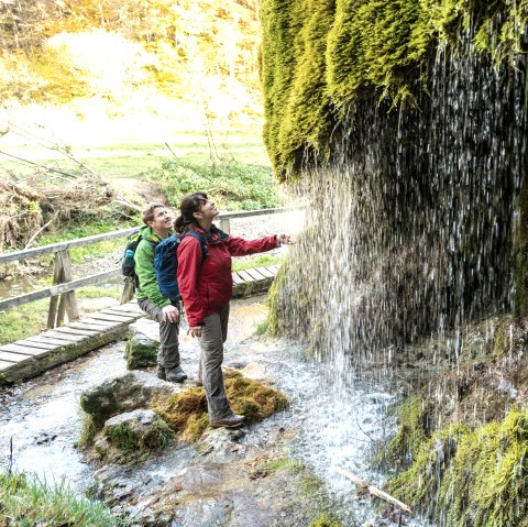 Twee personen kijken naar de met mos bedekte waterval in het groene boslandschap. Een houten brug loopt over de beek.