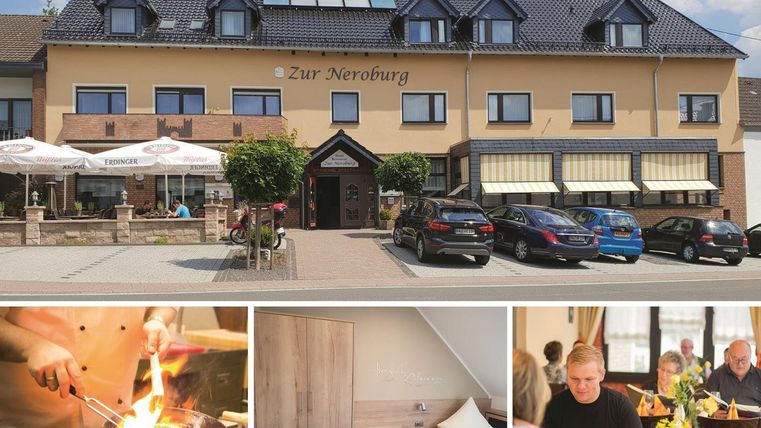 Ein einladendes Restaurant mit einer gemütlichen Terrasse und einem modernen Ambiente. Im Bild sind auch kulinarische Köstlichkeiten und zufriedene Gäste zu sehen.