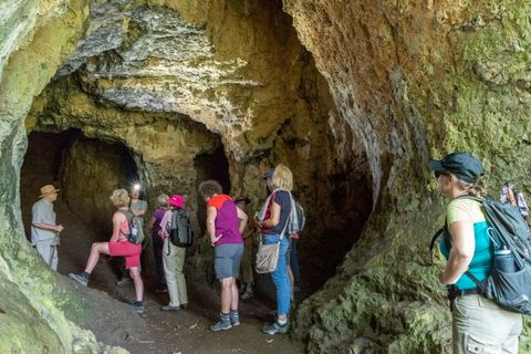 Eine Wandergruppe von etwa 10 Personen steht im Innenraum einer großen Höhle. Die Personen bestaunen die massiven Steinwände um sie herum.
