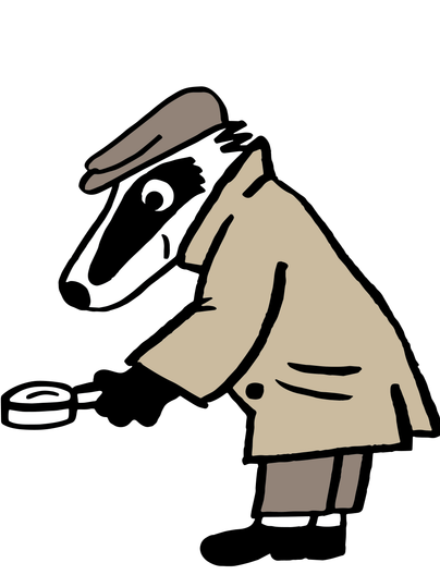 Grafik eines Dachses in einem beigen Trenchcoat und einer Schiebermütze auf dem Kopf, der eine Lupe auf den Boden richtet.