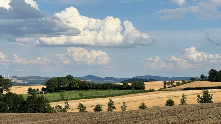 Een schilderachtig landschap met zachte heuvels en uitgestrekte velden. Witte wolken trekken over een blauwe lucht.
