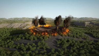 Visualisierung eines explodieren Vulkankegels in bewaldeter Landschaft